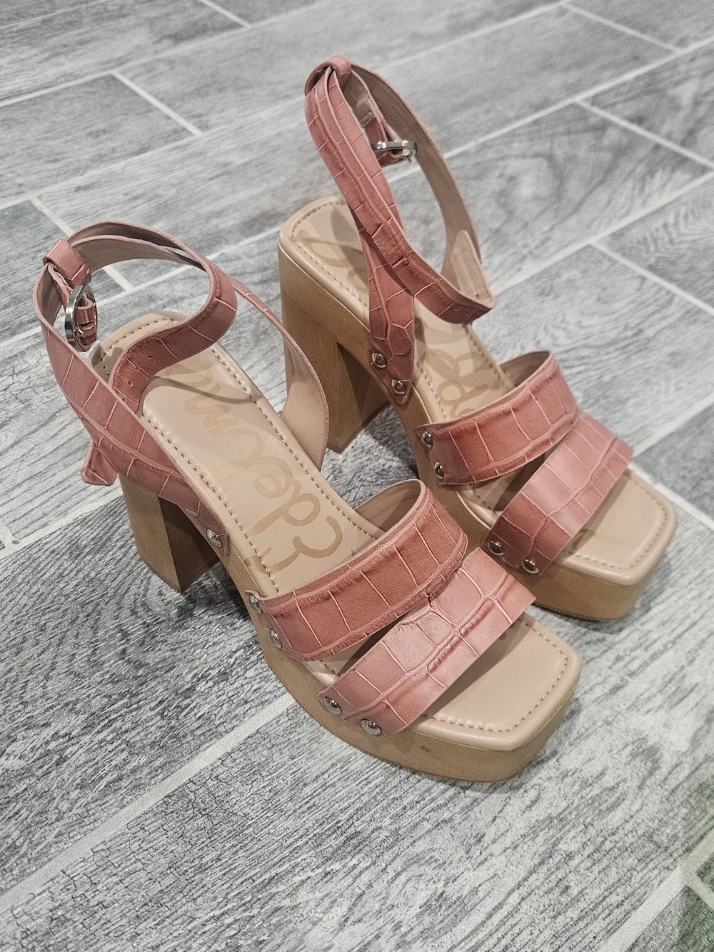 Sam Edelman Croc-Embossed Rose Pink Platform Block Heel Sandals